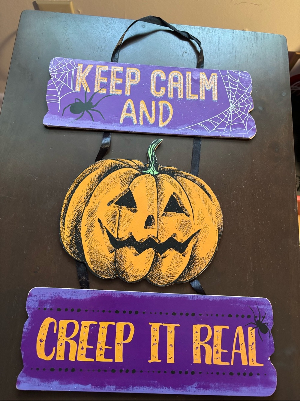 Halloween Hanging Door Wall Decor Keep 
Calm & Creep It Real Pumpkin Spider Web